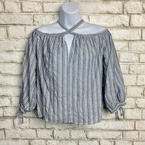 Rebecca Taylor Blouse Off Shoulder Cotton Strappy Stripe Blue White 8 Medium - Picture 2 of 8